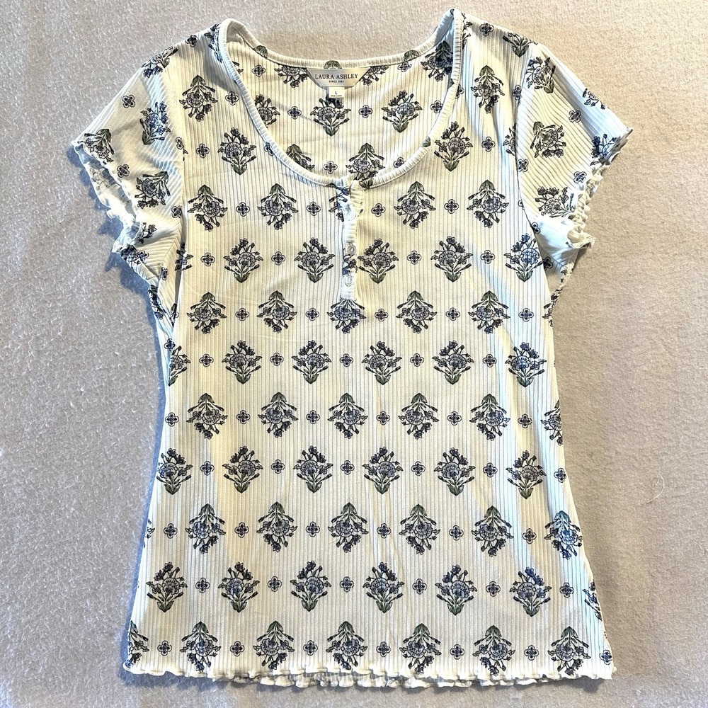 Laura Ashley Pajama Sleep Shirt L Large Blue Flowers Lettuce Hem Button Down Top